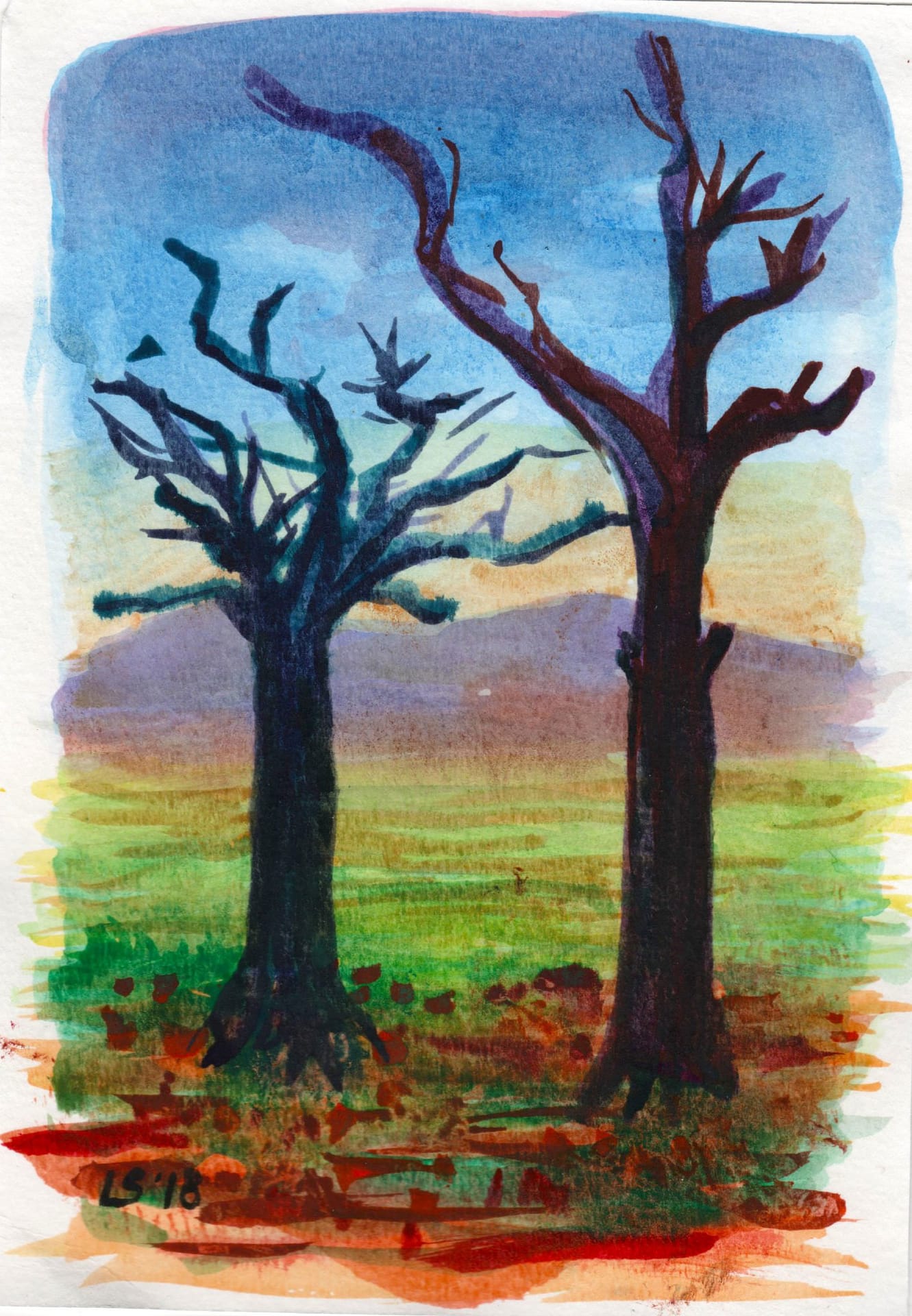Due alberi, acquerello paesaggio di Luca Sanna